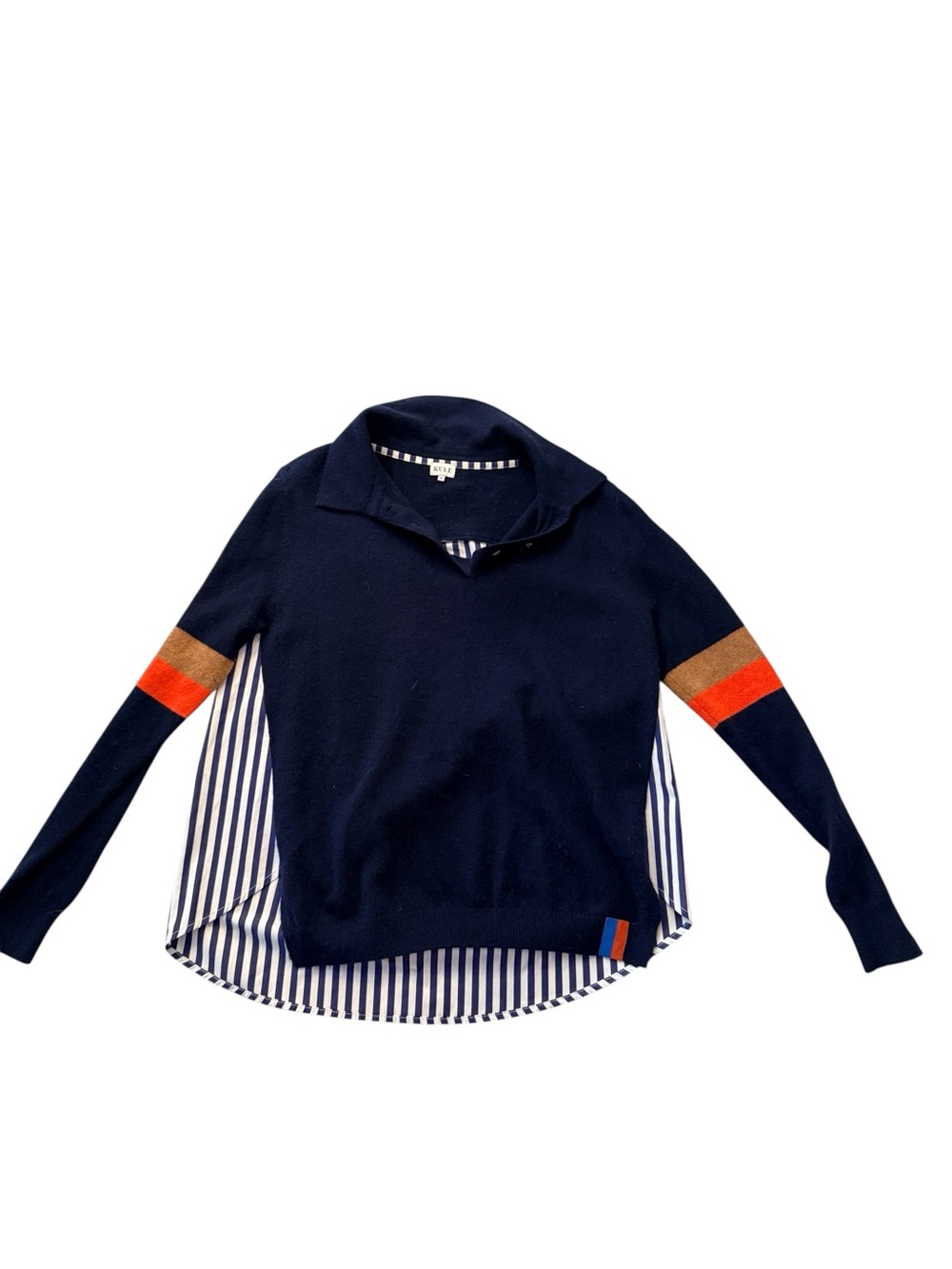 KULE Navy Sweater with Navy-and-White Striped Trim-100 percent Cashmere body